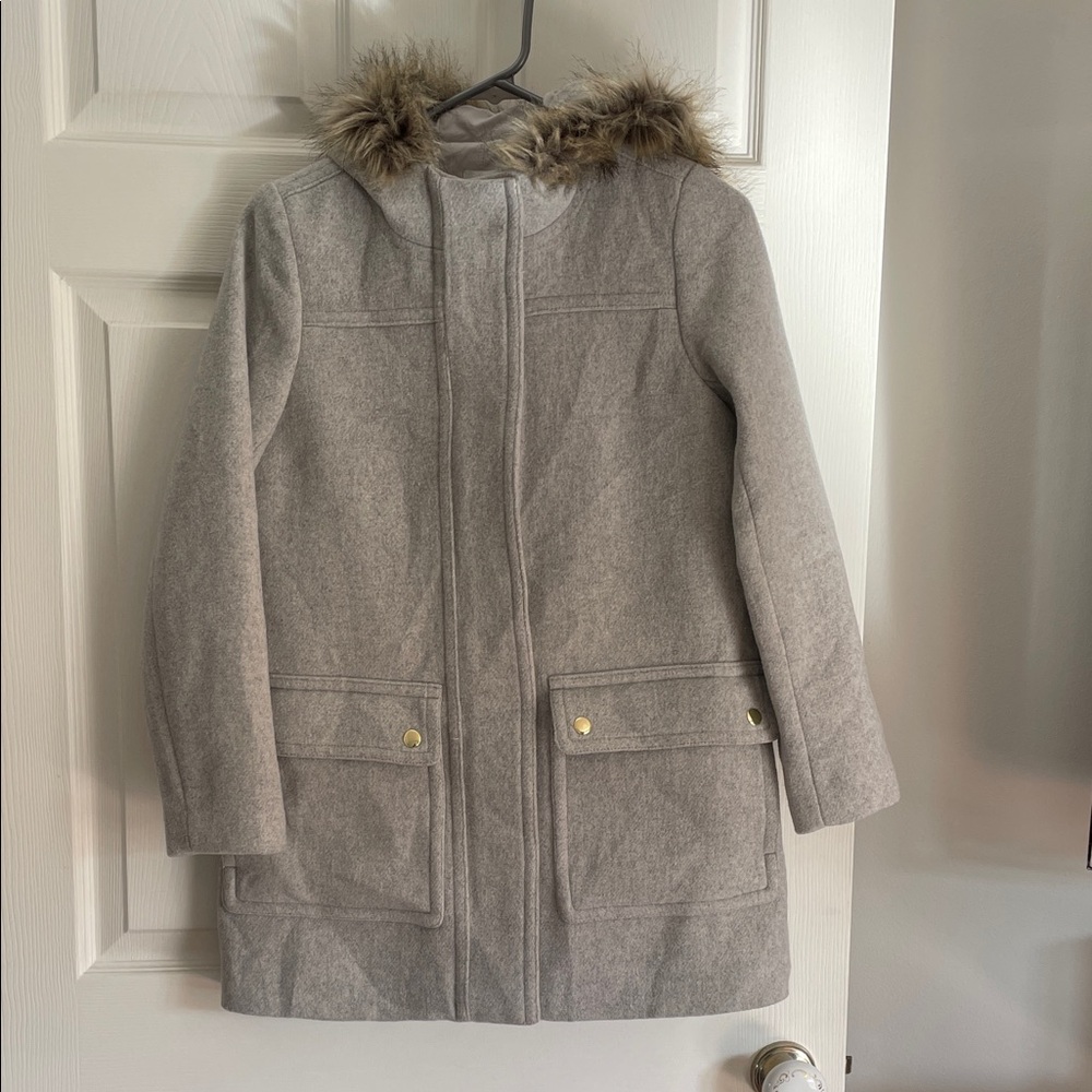 J. Crew Light Gray Coat with Faux Fur Hood